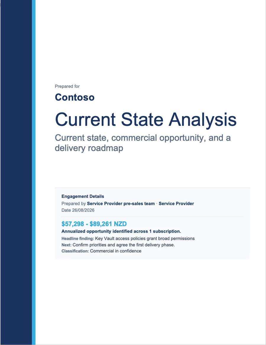 The cover of a Current State Analysis report, prepared for a client, with the service provider's own name on it.